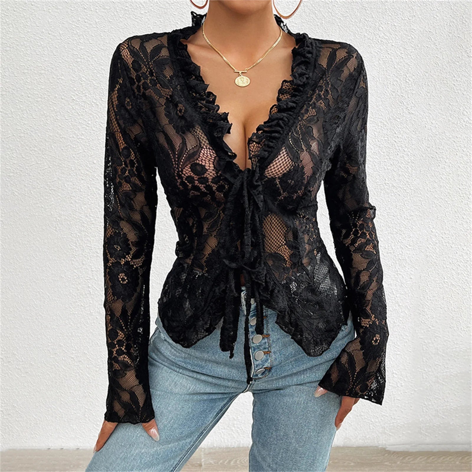 Wild West Diva Sheer Lace Tie-Front Top