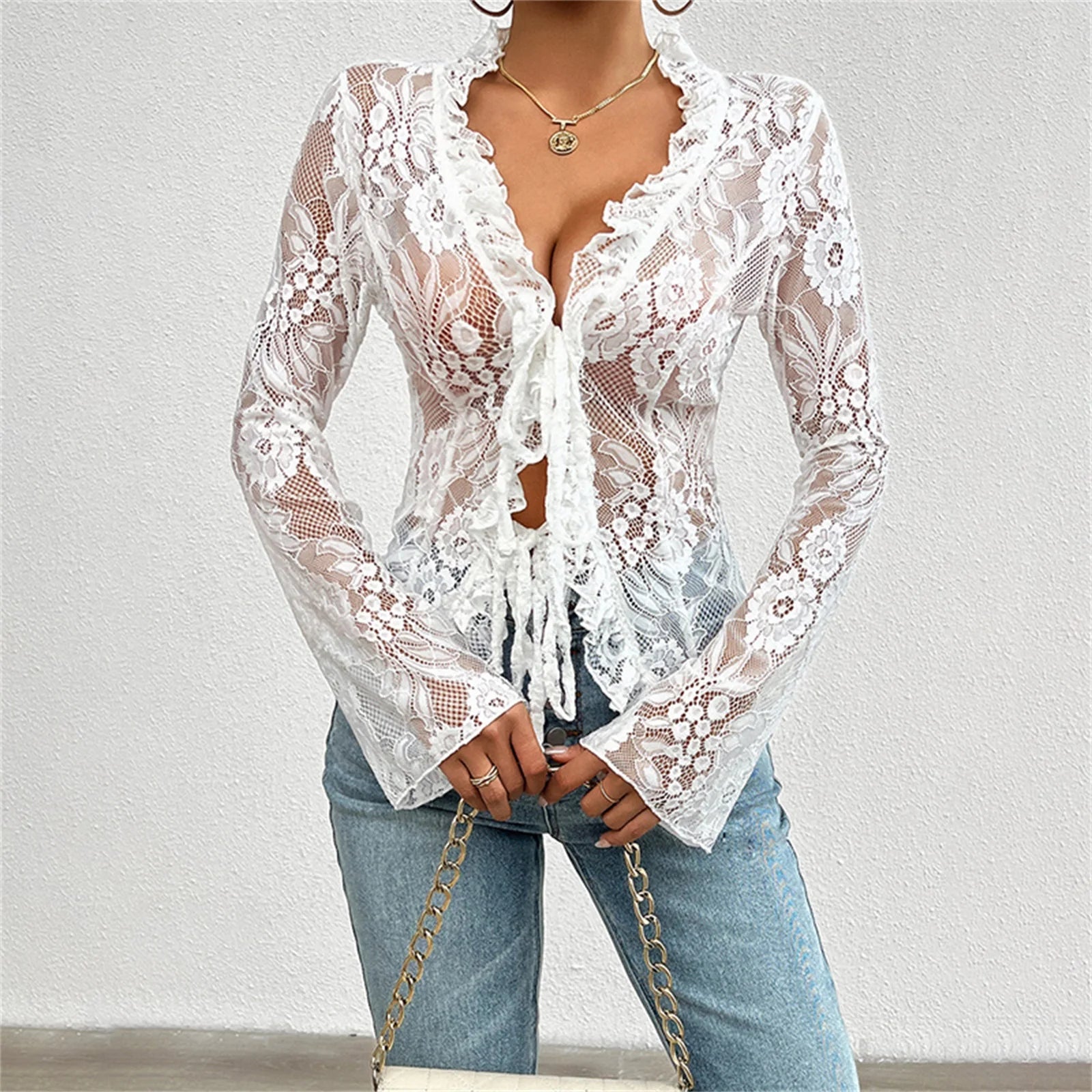 Wild West Diva Sheer Lace Tie-Front Top